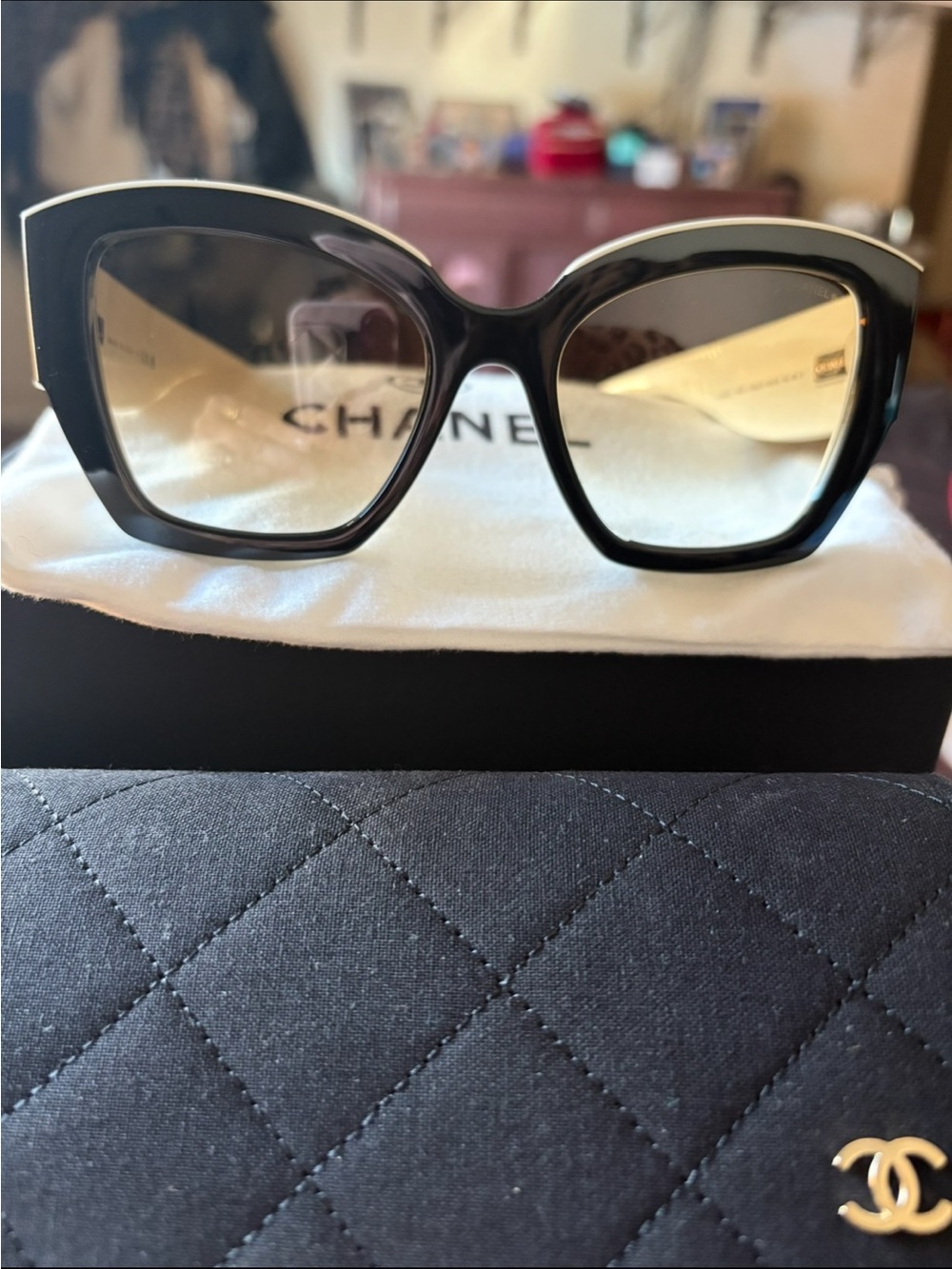 CHANEL Black and Ivory Oversized Cat-Eye Sunglasses